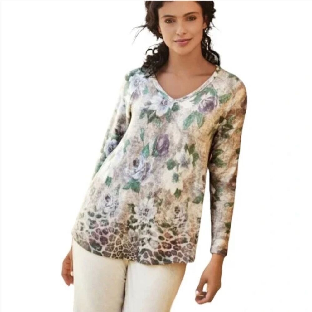 Soft Surroundings Top Mixed Print Long Sleeve Symphonia‎ Top Medium
